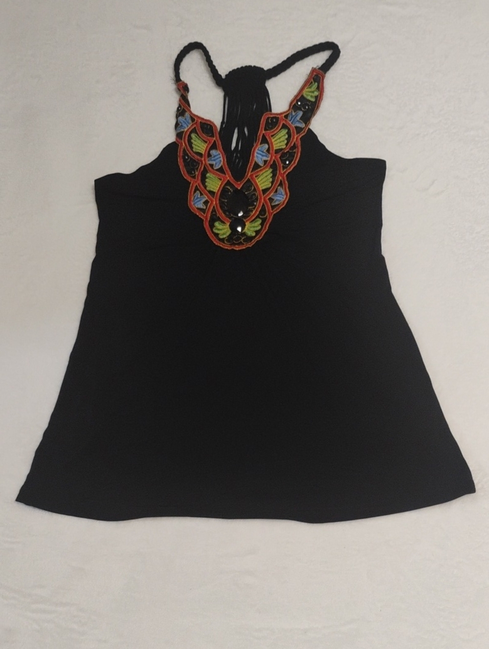 Black Halter Tank Top with Colorful Embroidered Neckline